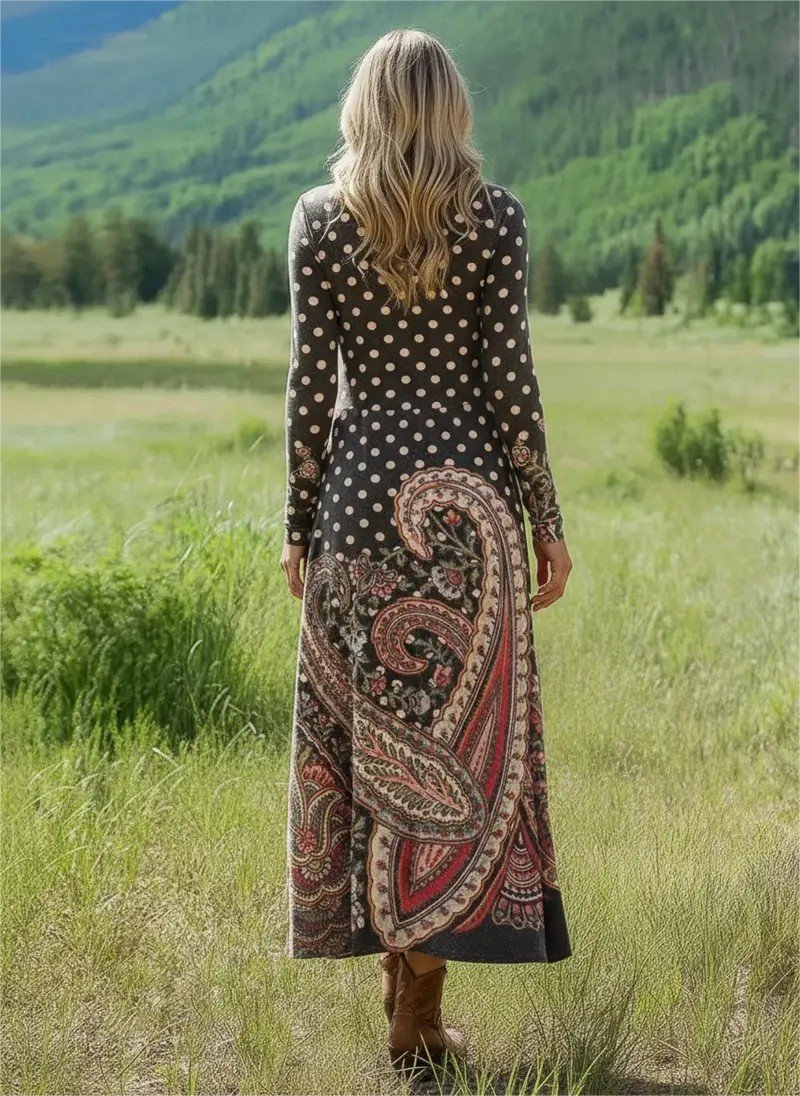 Femmes Floral Comme Image Col Rond Confortable La longueur du sol Robe Rétro