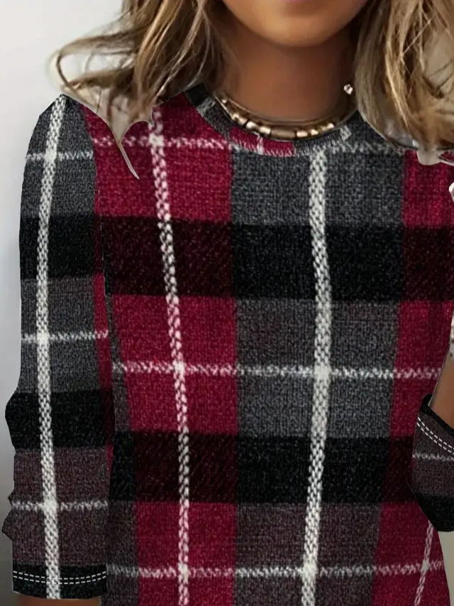 T-shirts Femmes Décontracté Printemps / Automne Plaid Imprimé Quotidien Jersey Manches Longues Col Rond Régulier