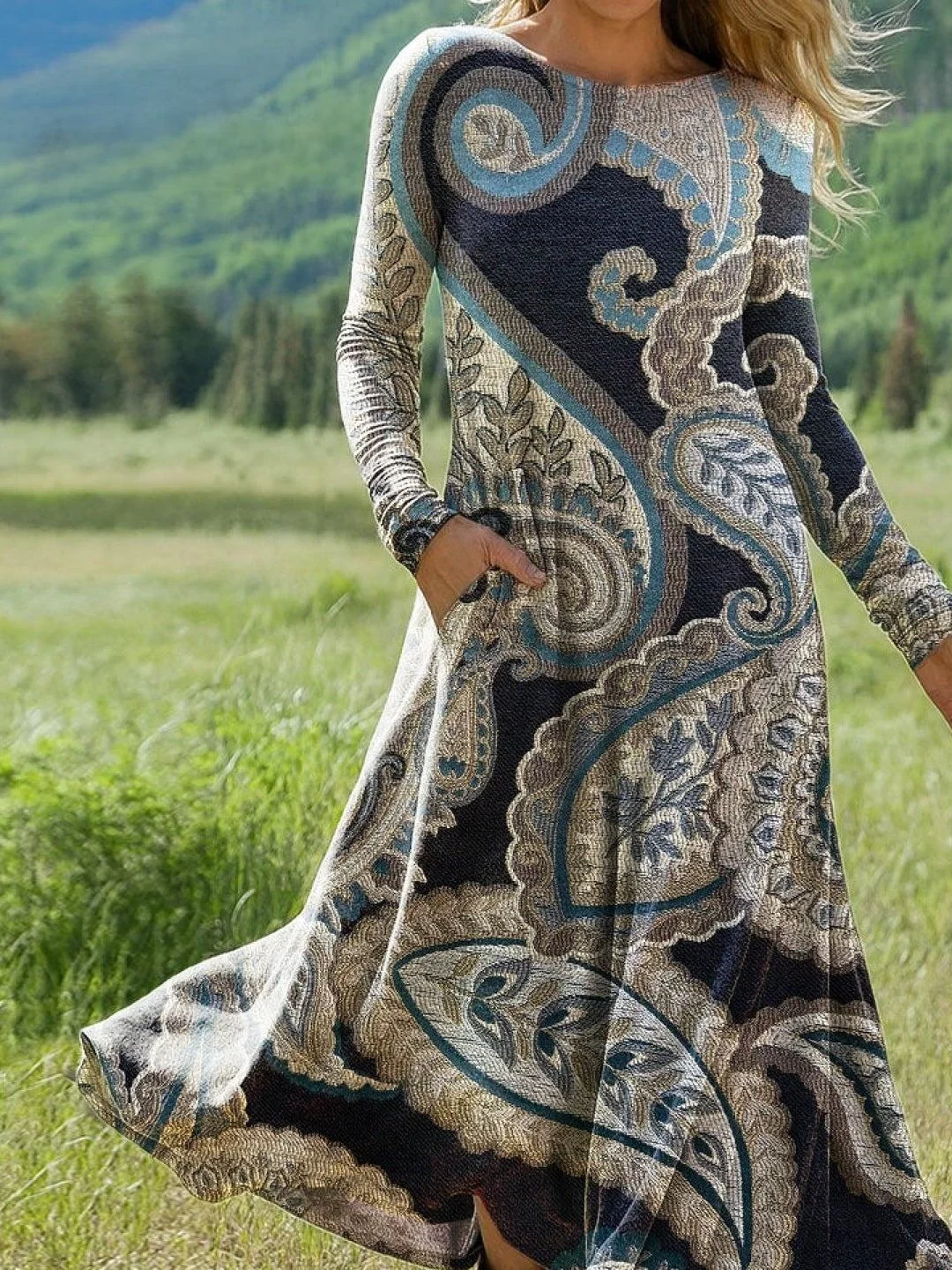 Femmes Floral Comme Image Col Rond Confortable La longueur du sol Robe Rétro