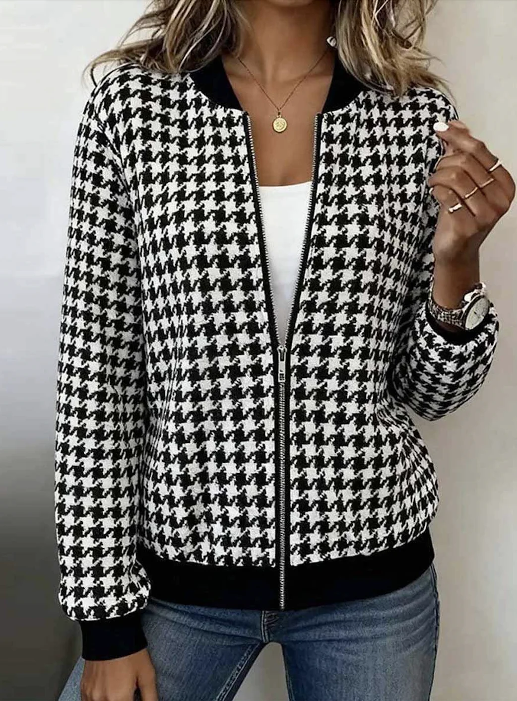 Micro-élasticité Col Montant Manches Longues Régulier Géométrique Blouson Aviateur Blouson pour Femmes