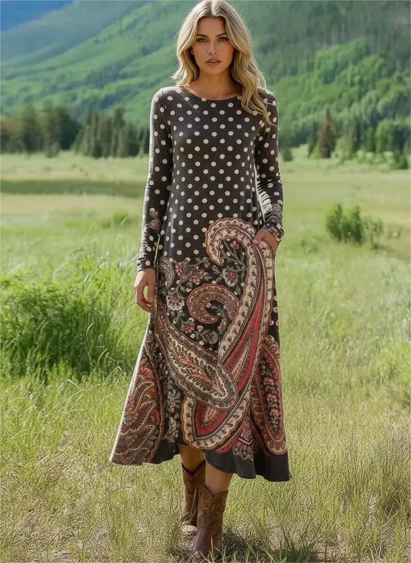 Femmes Floral Comme Image Col Rond Confortable La longueur du sol Robe Rétro