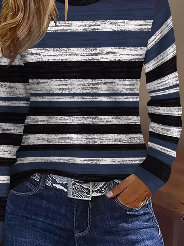 T-shirts Rayé Décontracté Printemps / Automne Imprimé Micro-élasticité Quotidien Jersey Col Rond Régulier pour Femmes