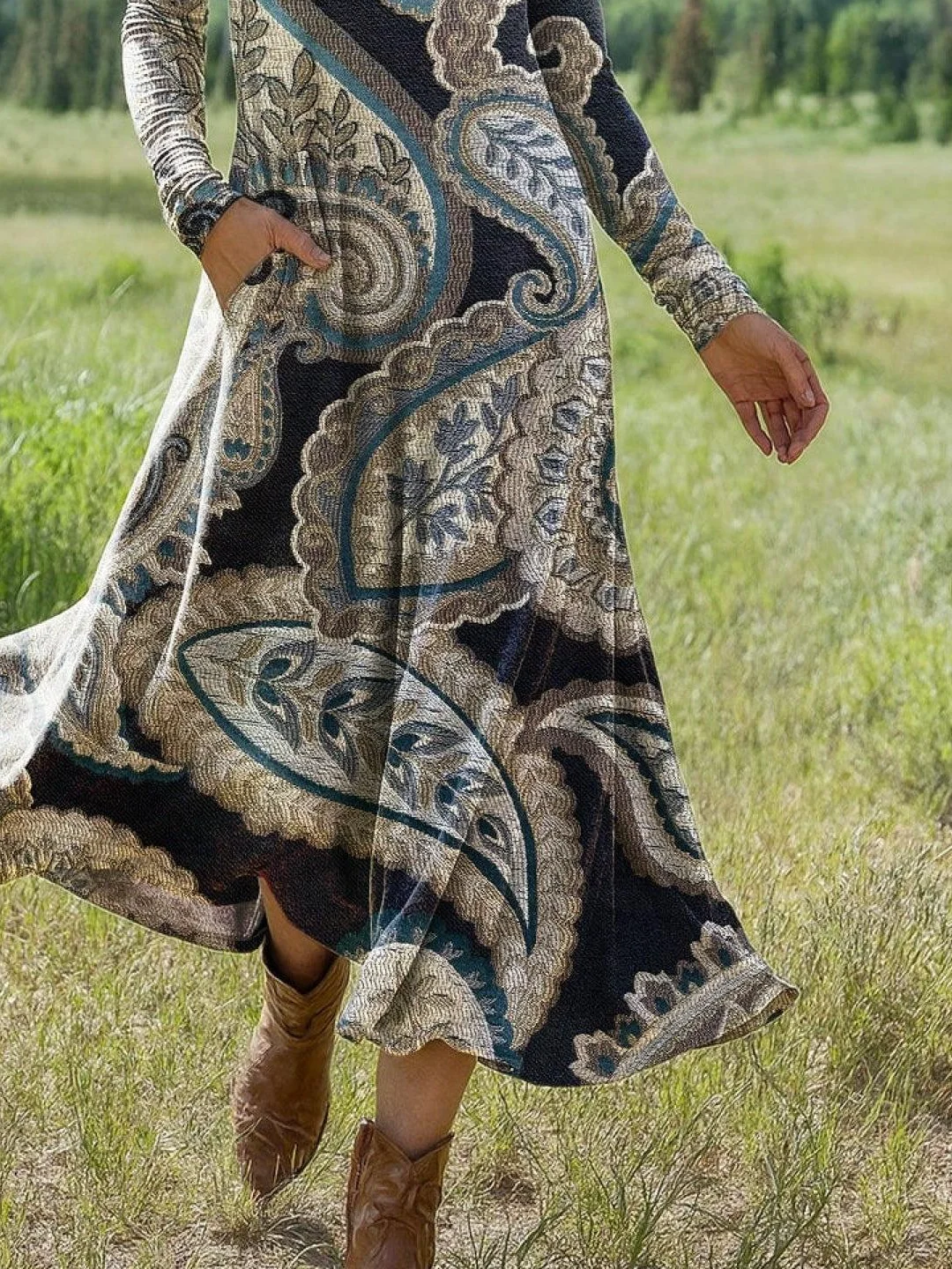 Femmes Floral Comme Image Col Rond Confortable La longueur du sol Robe Rétro