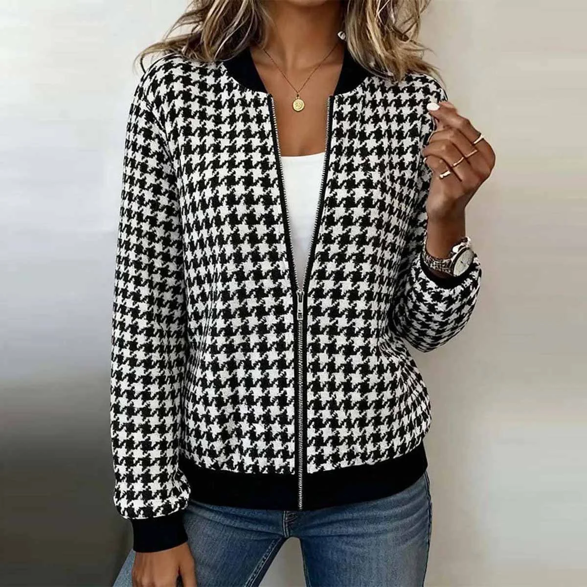 Micro-élasticité Col Montant Manches Longues Régulier Géométrique Blouson Aviateur Blouson pour Femmes