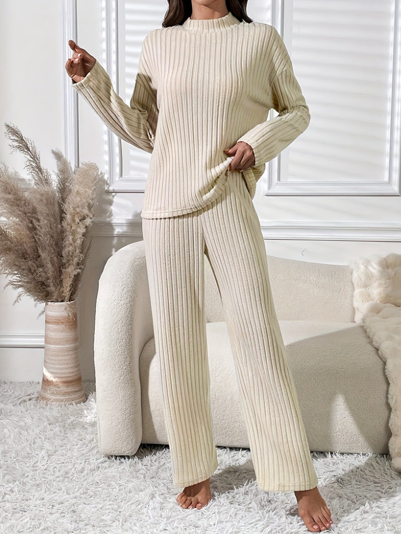 Deux Pièces Ensembles Décontracté Plain Printemps / Automne Coton Naturel Micro-élasticité Coupe Régulière Col Rond Top Avec Pantalons pour Femmes