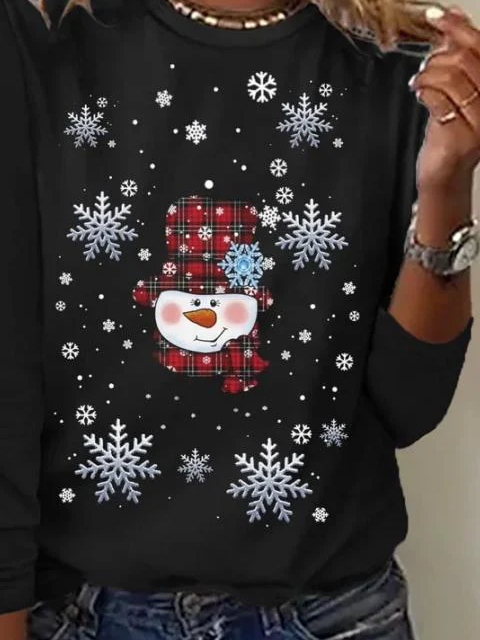 T-shirts Femmes Décontracté Printemps / Automne Noël Imprimé Micro-élasticité Jersey Manches Longues Droit Régulier