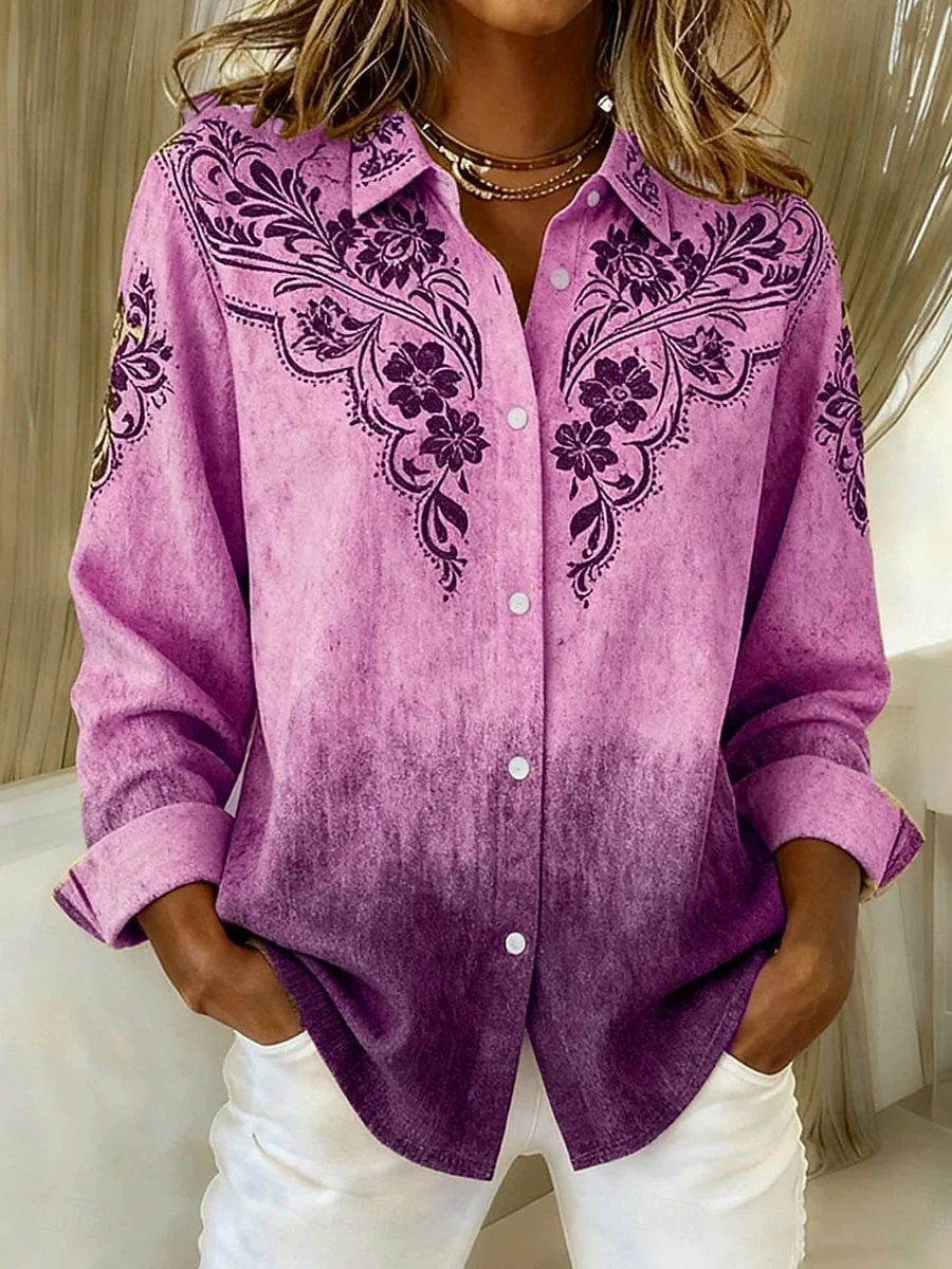 Chemises Décontracté Floral Printemps / Automne Polyester Manches Longues Boucle Régulier Manches régulières Col de Chemise pour Femmes