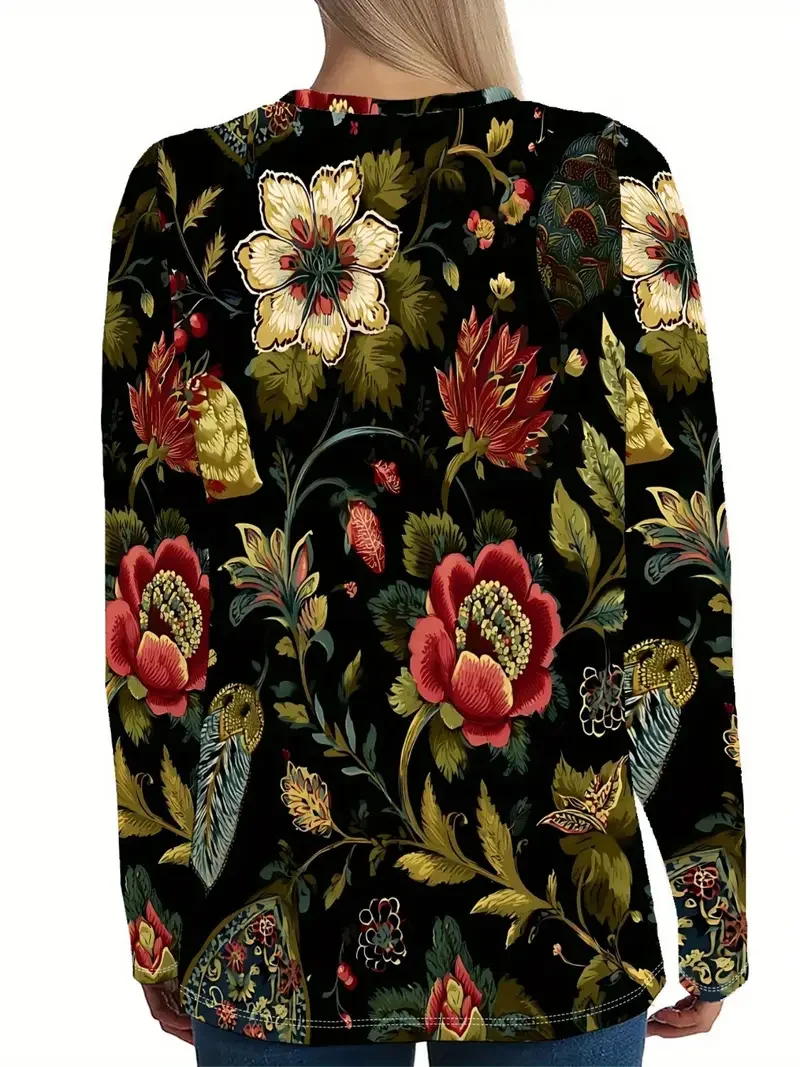 T-shirts Femmes Décontracté Floral Printemps / Automne Imprimé Micro-élasticité Ample Col Rond Régulier Droit