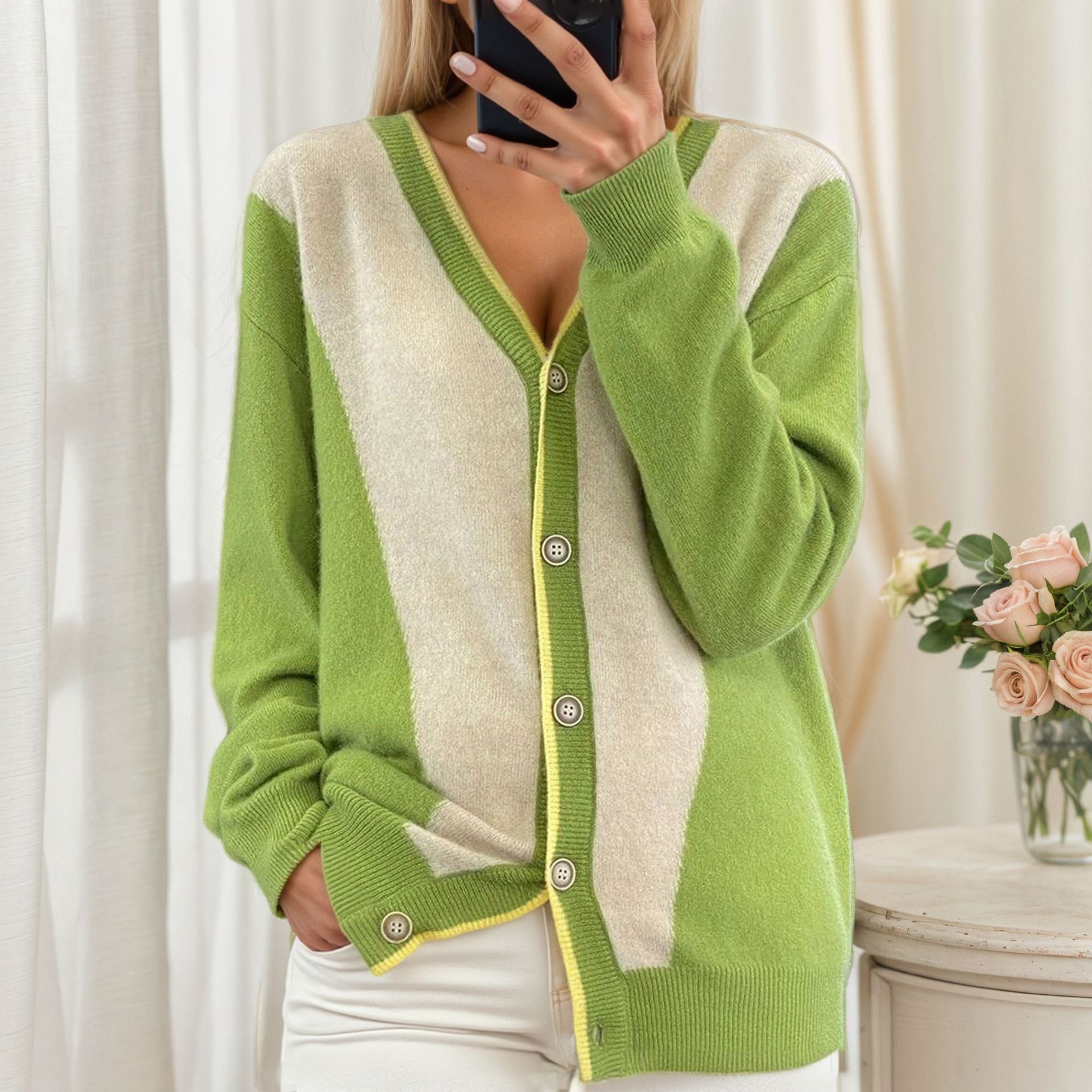 Cardigans Femmes Décontracté Bloc de Couleur Printemps / Automne Coton Col V Quotidien Coupe Régulière Manches Longues Élasticité moyenne