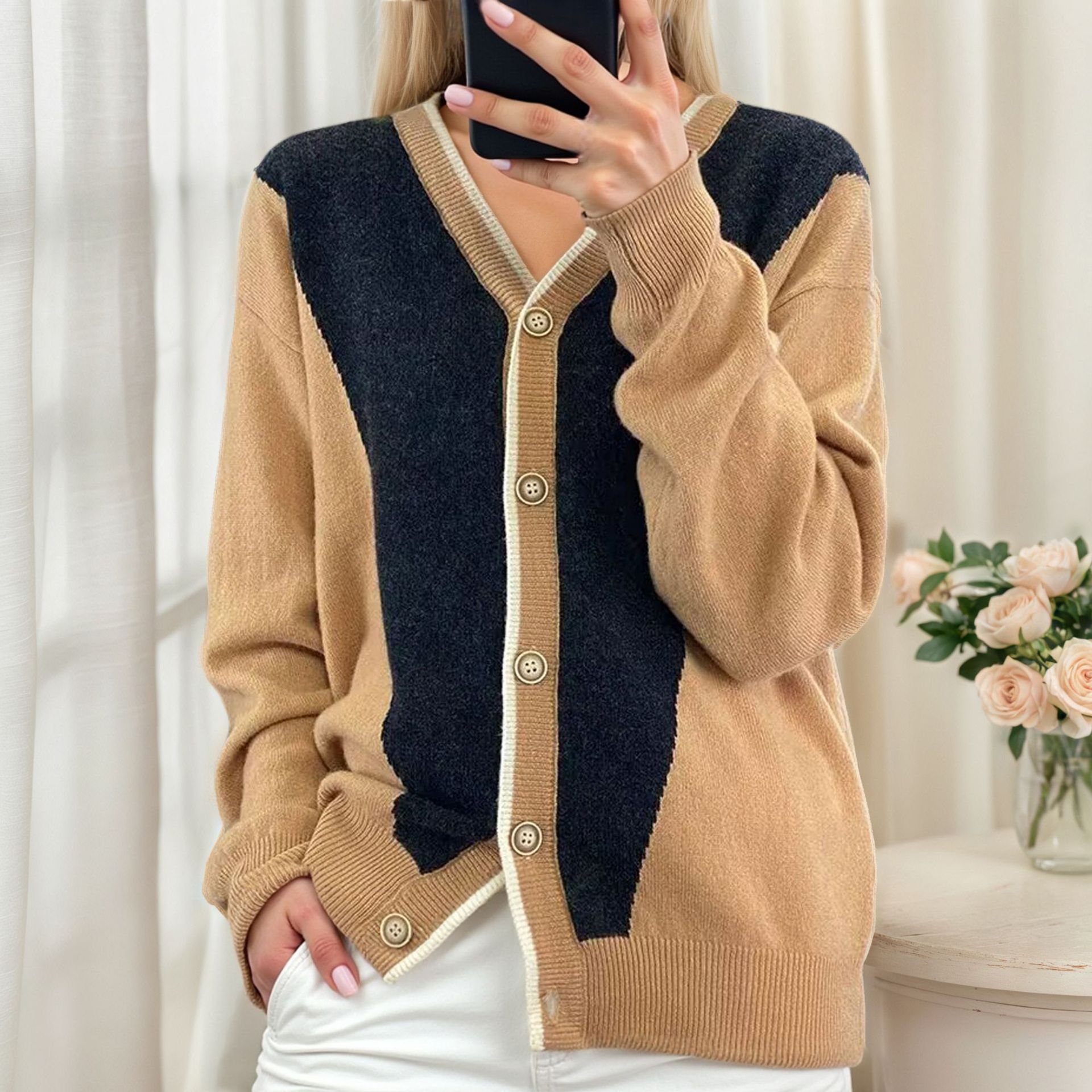 Cardigans Femmes Décontracté Bloc de Couleur Printemps / Automne Coton Col V Quotidien Coupe Régulière Manches Longues Élasticité moyenne