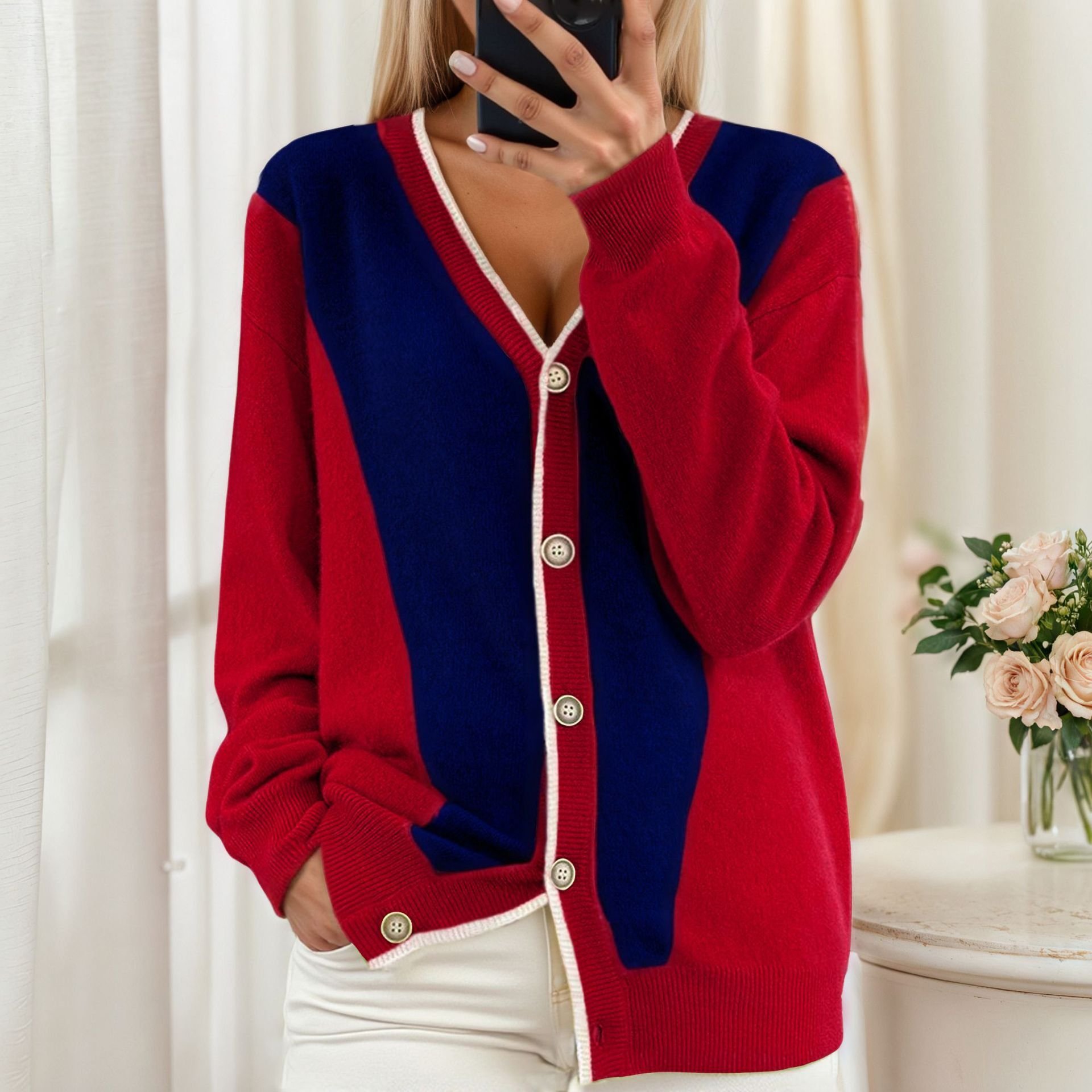 Cardigans Femmes Décontracté Bloc de Couleur Printemps / Automne Coton Col V Quotidien Coupe Régulière Manches Longues Élasticité moyenne