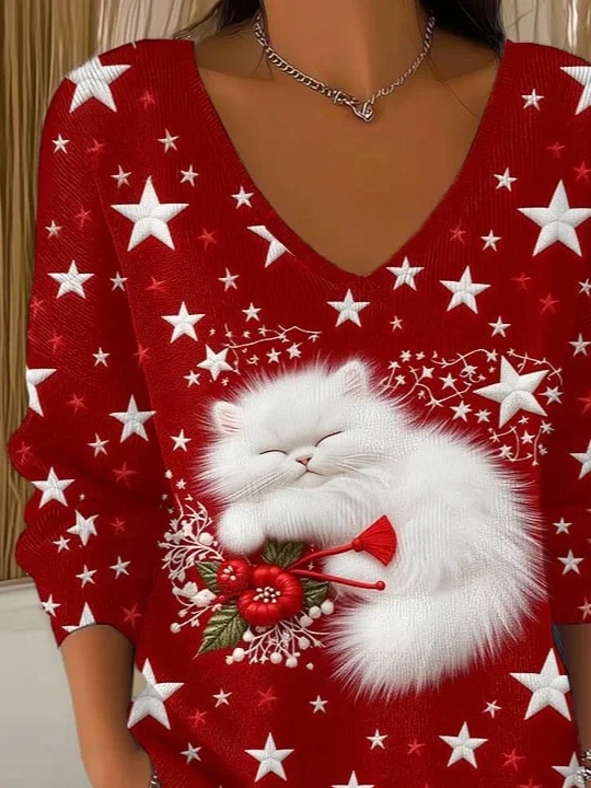 T-shirts Décontracté Printemps / Automne Noël Polyester Col V Micro-élasticité Domestique Manches Longues Droit pour Femmes