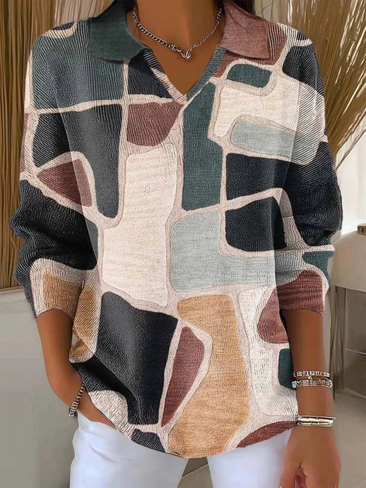 Pulls Femmes Géométrique Décontracté Hiver Polyester Col V Poids lourd Domestique Ample Régulier