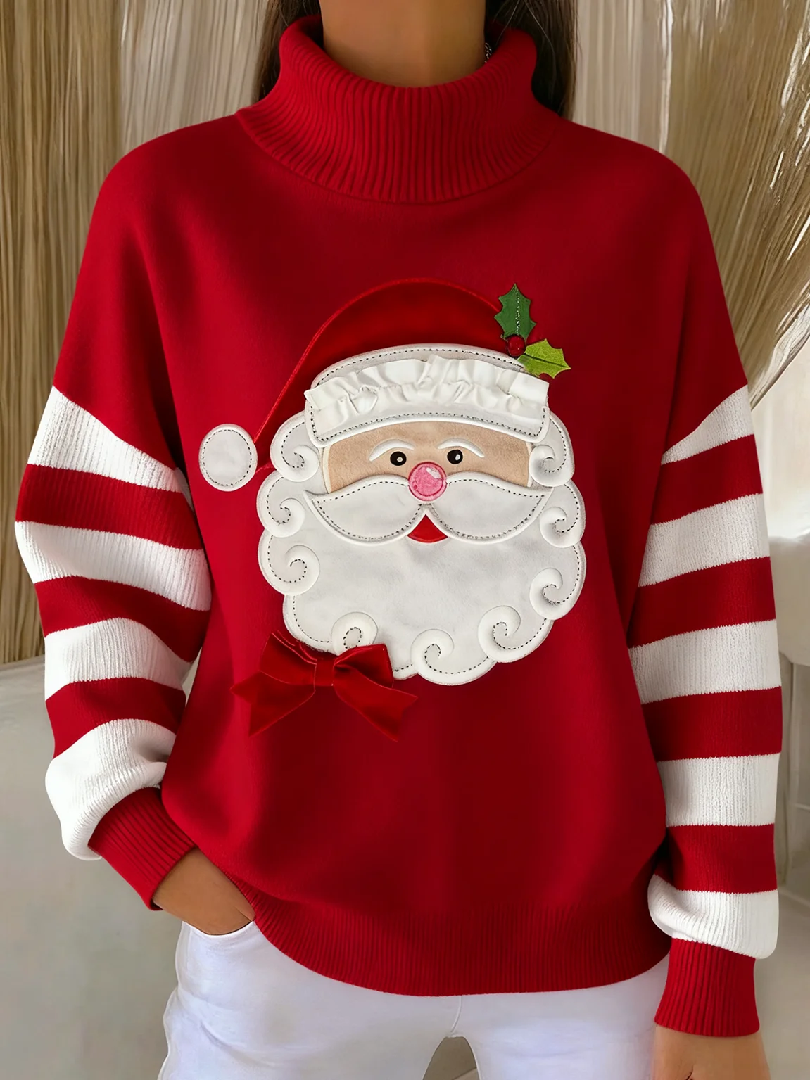 Pulls Noël Décontracté Hiver Ample Manches Longues Col Roulé Long Droit Élasticité moyenne pour Femmes