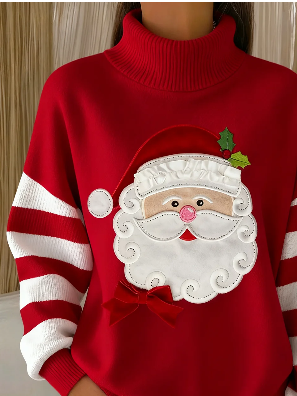 Pulls Noël Décontracté Hiver Ample Manches Longues Col Roulé Long Droit Élasticité moyenne pour Femmes