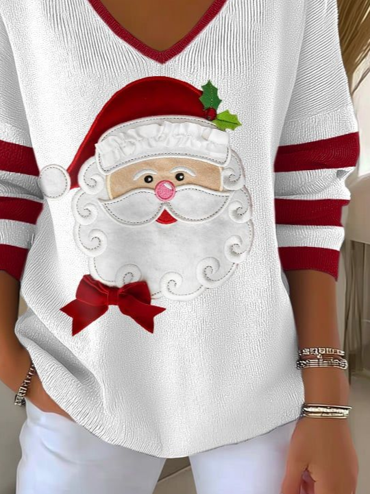 T-shirts Femmes Père Noël Décontracté Printemps / Automne Polyester Col V Imprimé Domestique Coupe Régulière Manches Longues