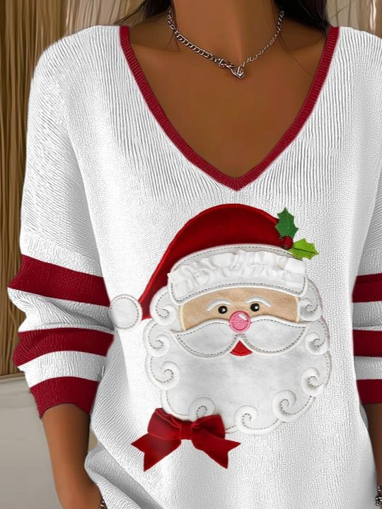 T-shirts Femmes Père Noël Décontracté Printemps / Automne Polyester Col V Imprimé Domestique Coupe Régulière Manches Longues