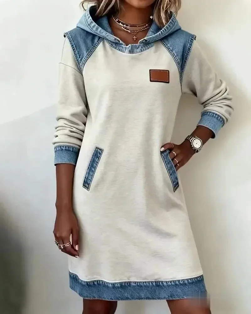 Femmes Multicolore Bloc Blanc Sweat-shirt à Capuche Confortable Mi-longue Sweat-shirt Robe Décontracté