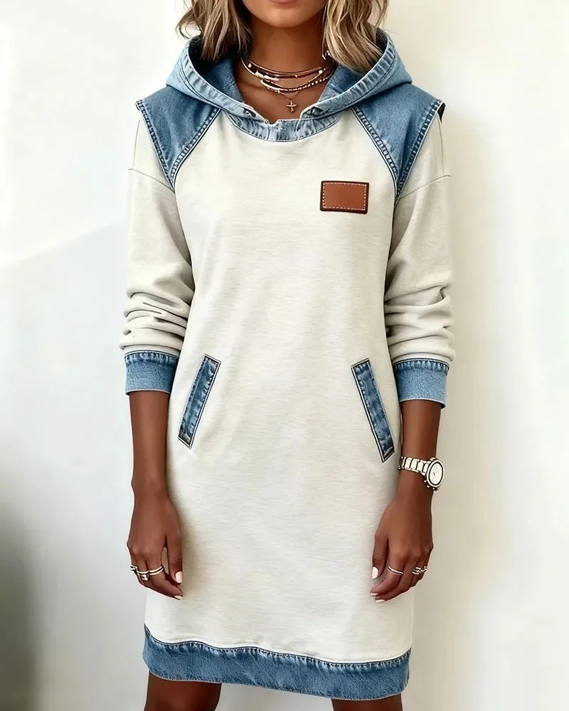Femmes Multicolore Bloc Blanc Sweat-shirt à Capuche Confortable Mi-longue Sweat-shirt Robe Décontracté