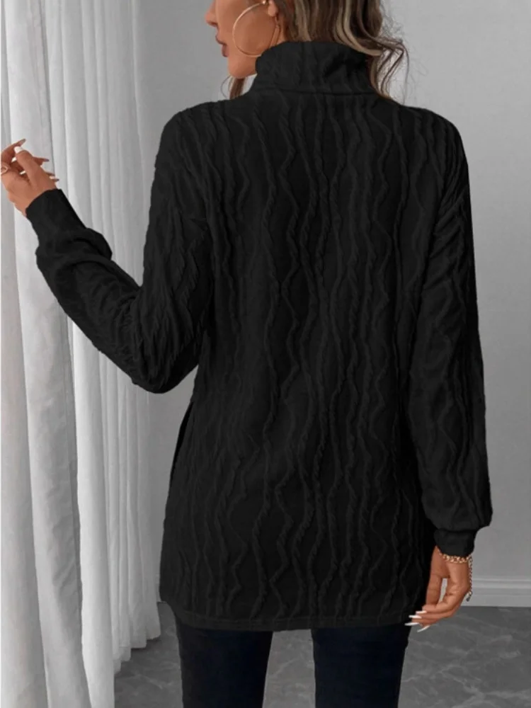 T-shirts Femmes Élégant Plain Printemps / Automne Polyester Gaufrage Micro-élasticité Coupe Régulière Col Roulé Droit