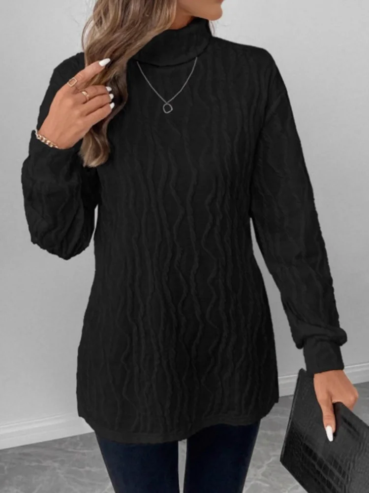 T-shirts Femmes Élégant Plain Printemps / Automne Polyester Gaufrage Micro-élasticité Coupe Régulière Col Roulé Droit