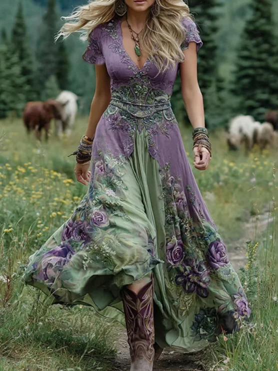 Femmes Floral Vert Col V Confortable Robe Maxi Rétro