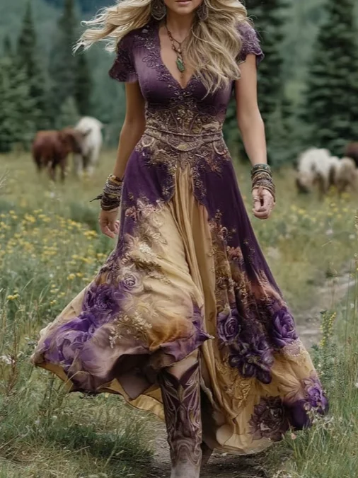 Femmes Floral Vert Col V Confortable Robe Maxi Rétro