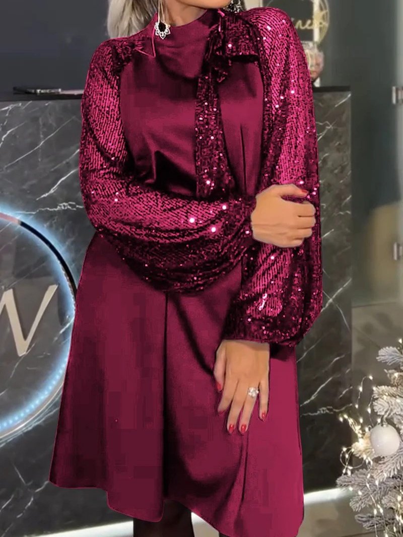 Femmes Plain Rouge Col Rond Confortable Joint Fendu Robe Mi-Longue Rétro