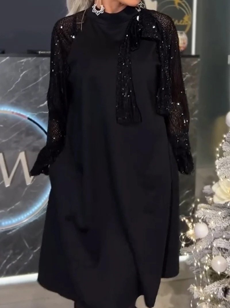 Femmes Plain Rouge Col Rond Confortable Joint Fendu Robe Mi-Longue Rétro