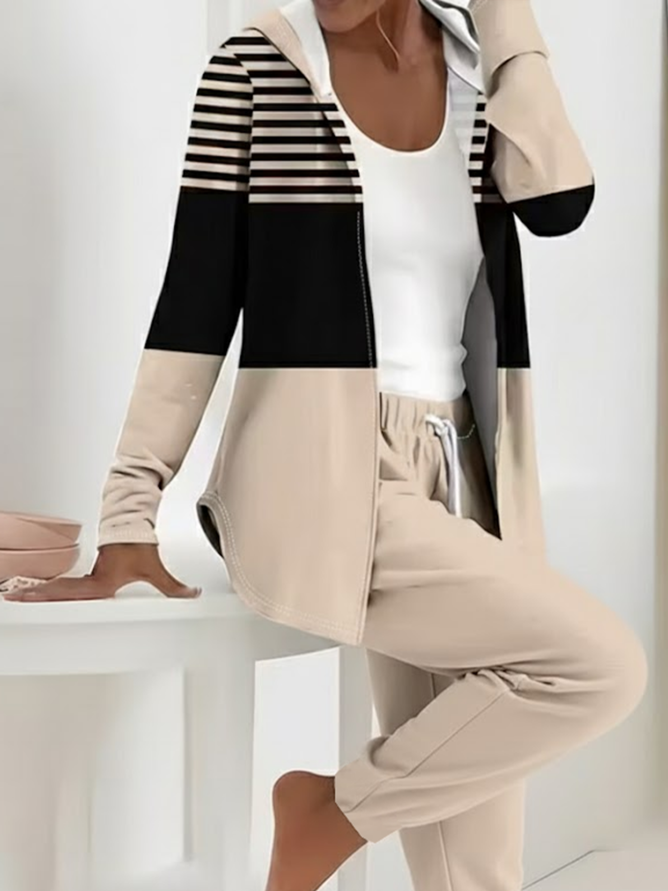 Deux Pièces Ensembles Femmes Rayé Décontracté Printemps / Automne Imprimé Sweat-shirt à Capuche Micro-élasticité Quotidien Ample Droit