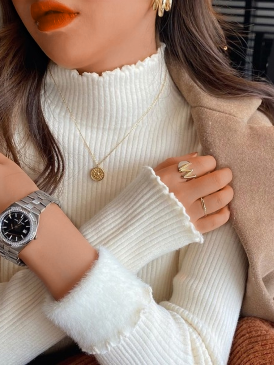 T-shirts Simple Plain Printemps / Automne Polyester Faire la navette Coupe Régulière Manches Longues Régulier Faux Col pour Femmes