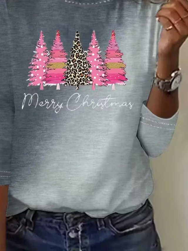 T-shirts Femmes Décontracté Printemps / Automne Sapin de Noël Micro-élasticité Jersey Manches Longues Col Rond Régulier Régulier