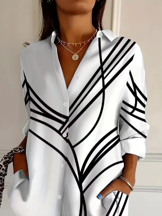 Chemises Décontracté Abstrait Printemps / Automne Aucune élasticité Ample Régulier Droit Boucle Col de Chemise pour Femmes