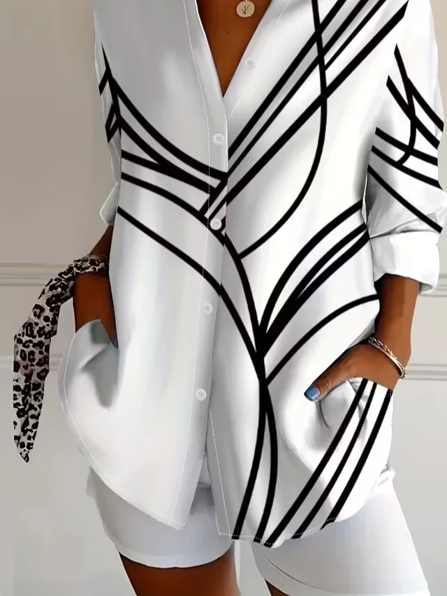 Chemises Décontracté Abstrait Printemps / Automne Aucune élasticité Ample Régulier Droit Boucle Col de Chemise pour Femmes