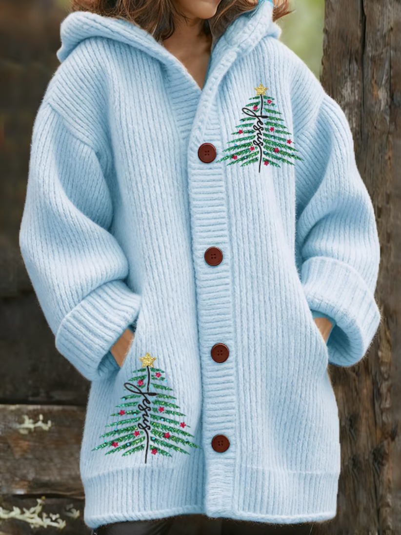Cardigans Rétro Hiver Sapin de Noël Sweat-shirt à Capuche Micro-élasticité Ample Laine/Tricot Épaissi Droit pour Femmes