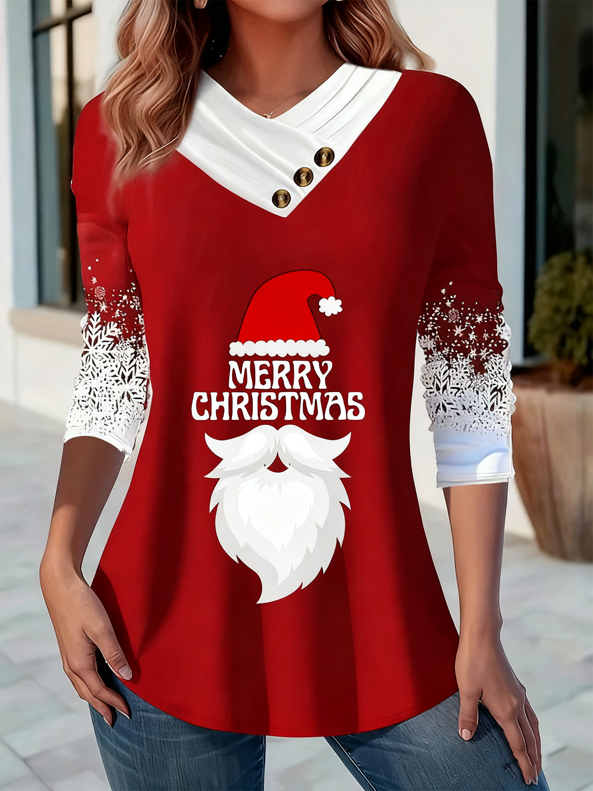 T-shirts Décontracté Printemps / Automne Verre à Vin de Noël Coton Micro-élasticité Ample Noël Manches Longues Régulier pour Femmes