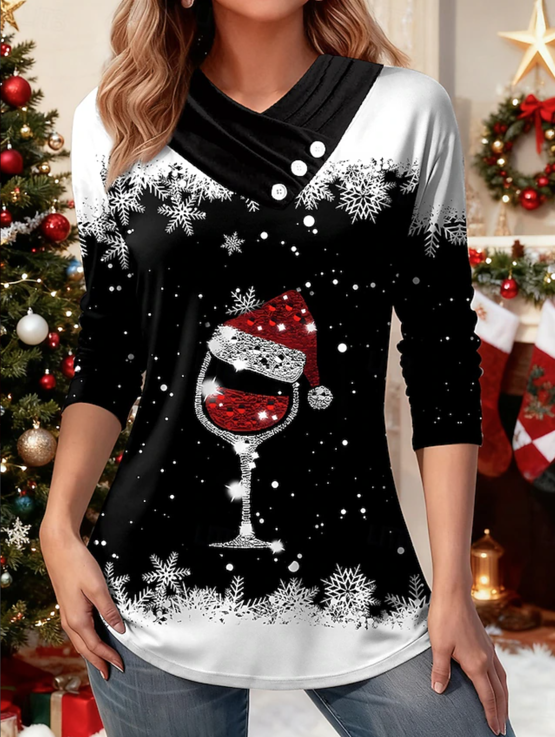 T-shirts Décontracté Printemps / Automne Motif dégradé Micro-élasticité Ample Noël Manches Longues Régulier Droit pour Femmes