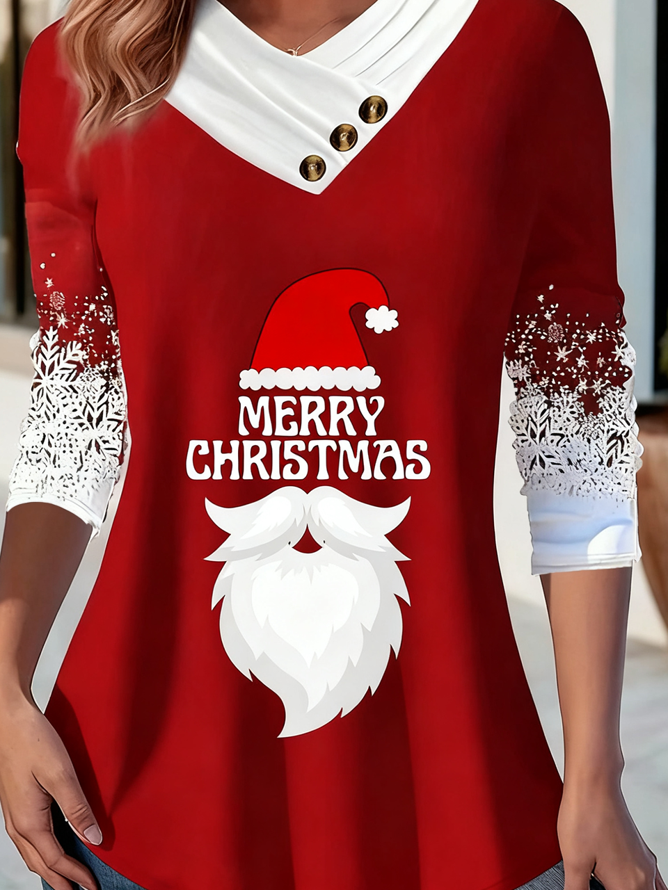 T-shirts Décontracté Printemps / Automne Verre à Vin de Noël Coton Micro-élasticité Ample Noël Manches Longues Régulier pour Femmes