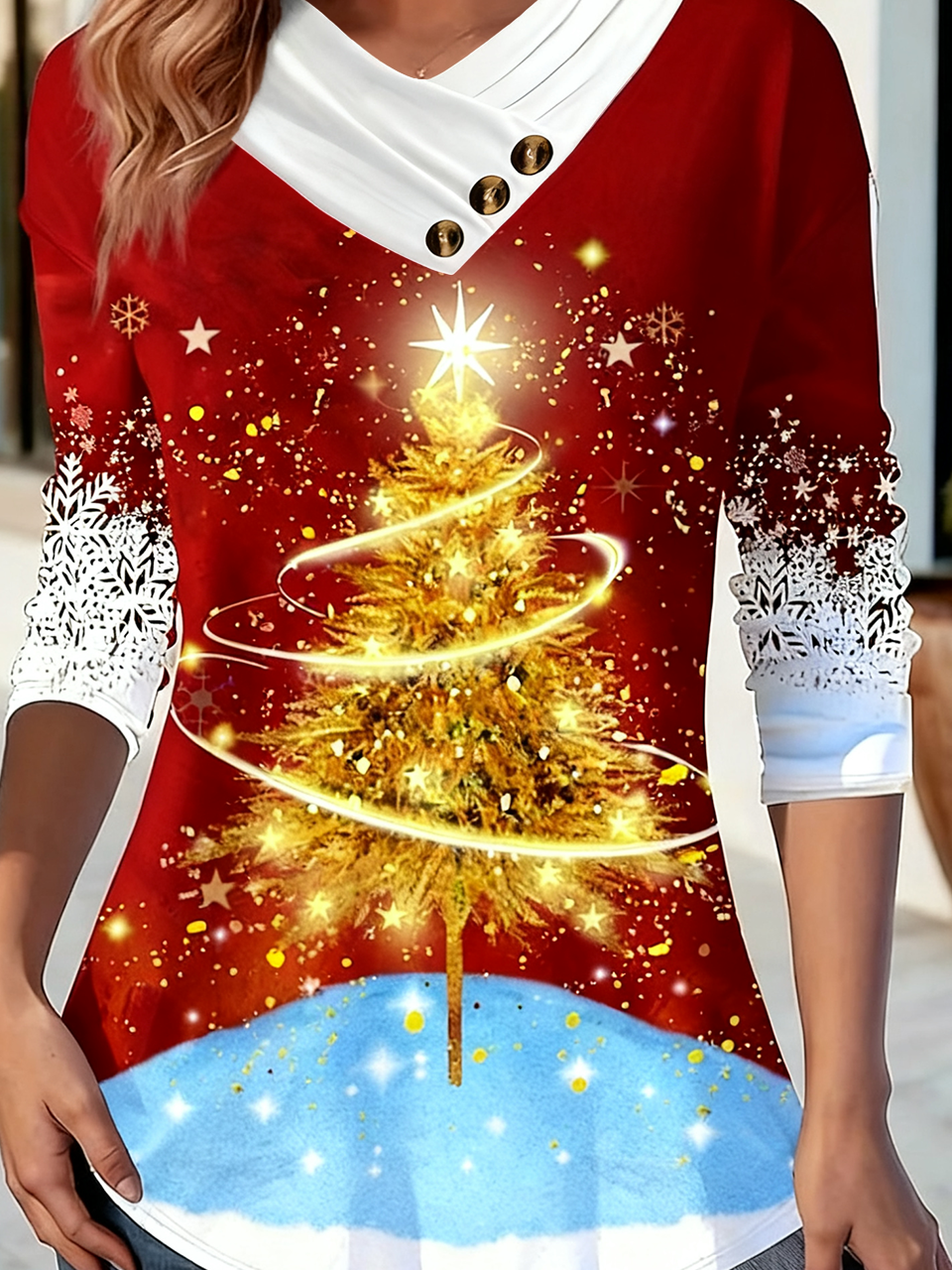 T-shirts Décontracté Printemps / Automne Sapin de Noël Coton Micro-élasticité Vacances Ample Noël Droit pour Femmes