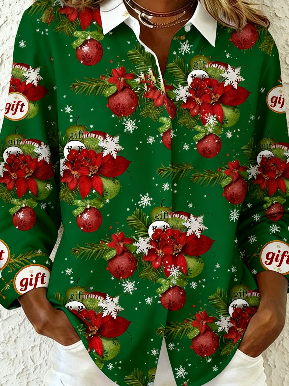 Chemises Décontracté Printemps / Automne Noël Polyester Vacances Ample Noël Col Châle Droit pour Femmes