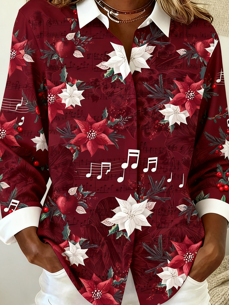 Chemises Décontracté Printemps / Automne Noël Polyester Vacances Ample Noël Col Châle Droit pour Femmes