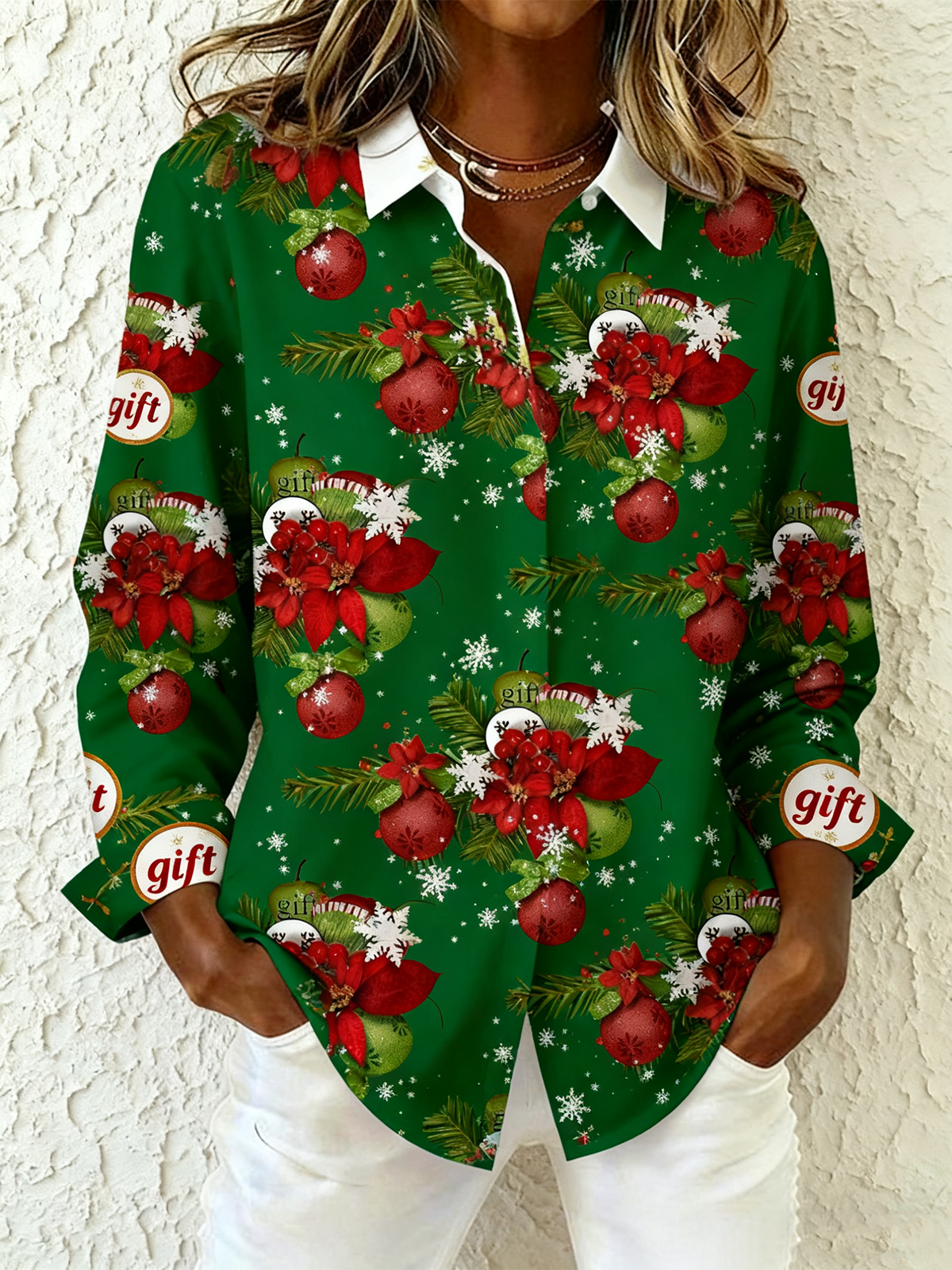 Chemises Décontracté Printemps / Automne Noël Polyester Vacances Ample Noël Col Châle Droit pour Femmes