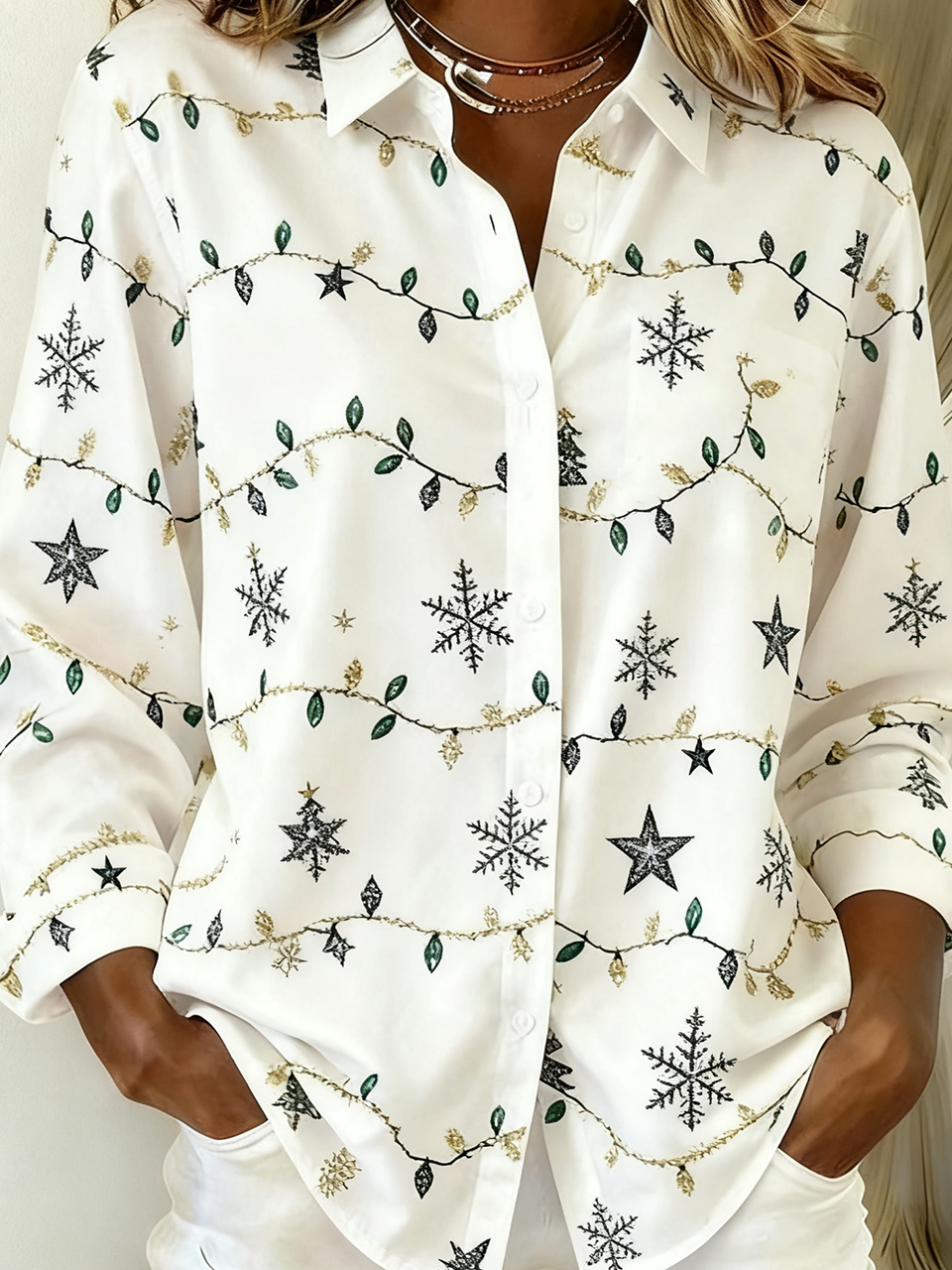 Chemises Rétro Printemps / Automne Sapin de Noël Aucune élasticité Vacances Manches Longues Régulier Droit Régulier pour Femmes