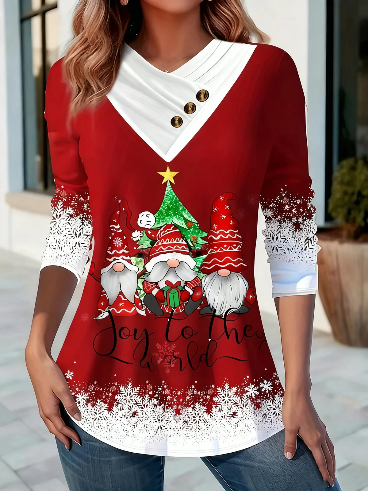 T-shirts Décontracté Printemps / Automne Noël Coton Micro-élasticité Fête Manches Longues Droit Régulier pour Femmes