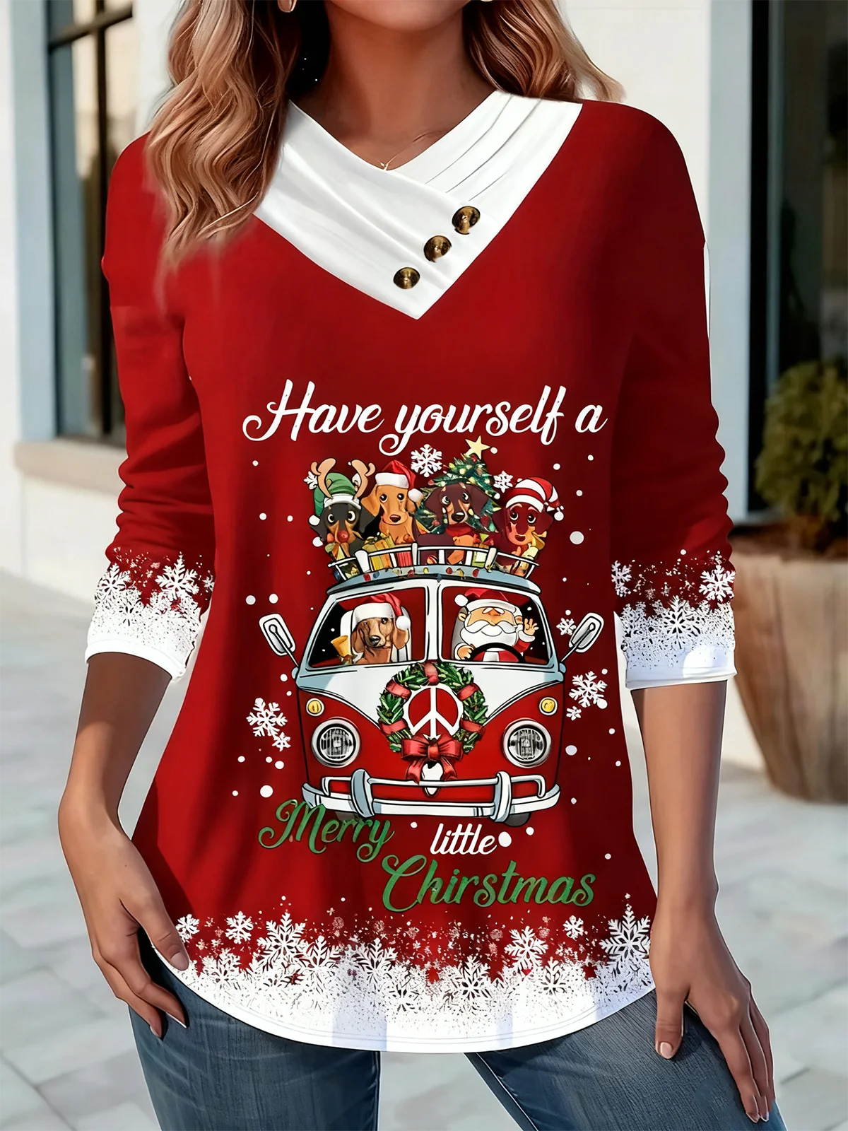 T-shirts Décontracté Printemps / Automne Noël Coton Micro-élasticité Fête Manches Longues Droit Régulier pour Femmes