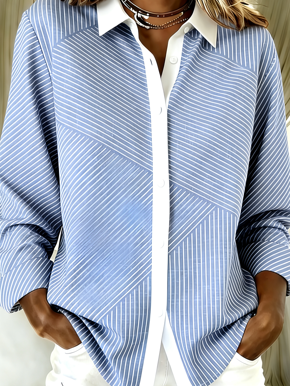 Chemises Femmes Rayé Rétro Printemps / Automne Polyester Quotidien Ample Manches Longues Droit Col de Chemise