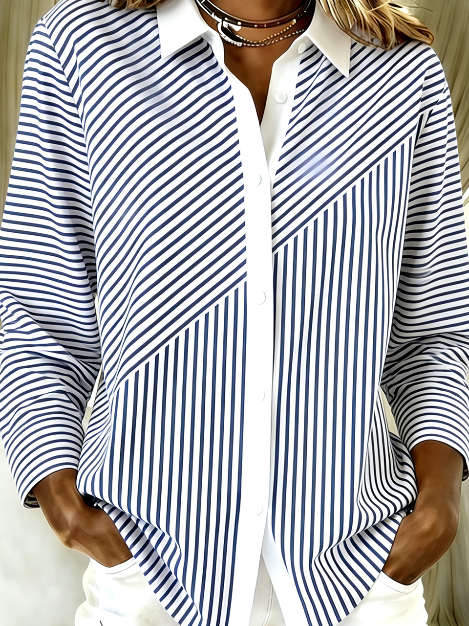 Chemises Femmes Rayé Rétro Printemps / Automne Polyester Quotidien Ample Manches Longues Droit Col de Chemise