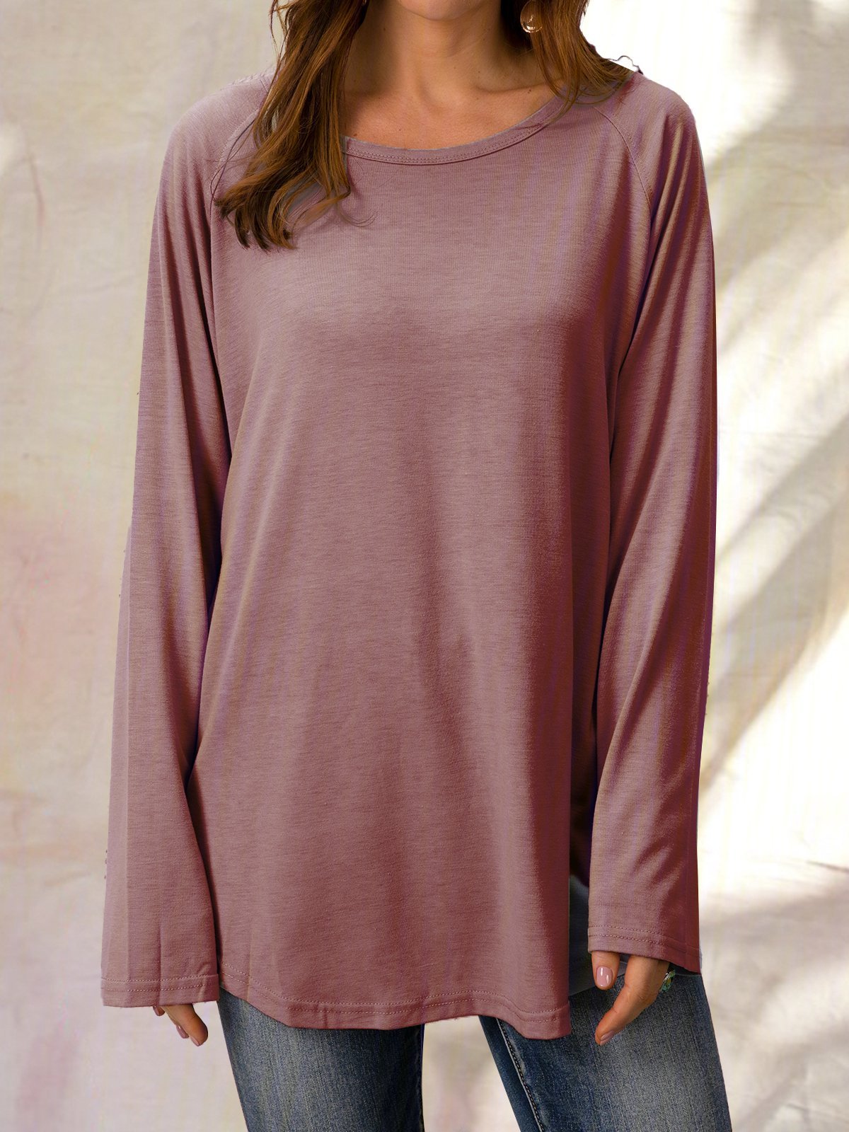 Top Gris Coton Décontracté Col Rond Unicolore manches longues ample et confortable