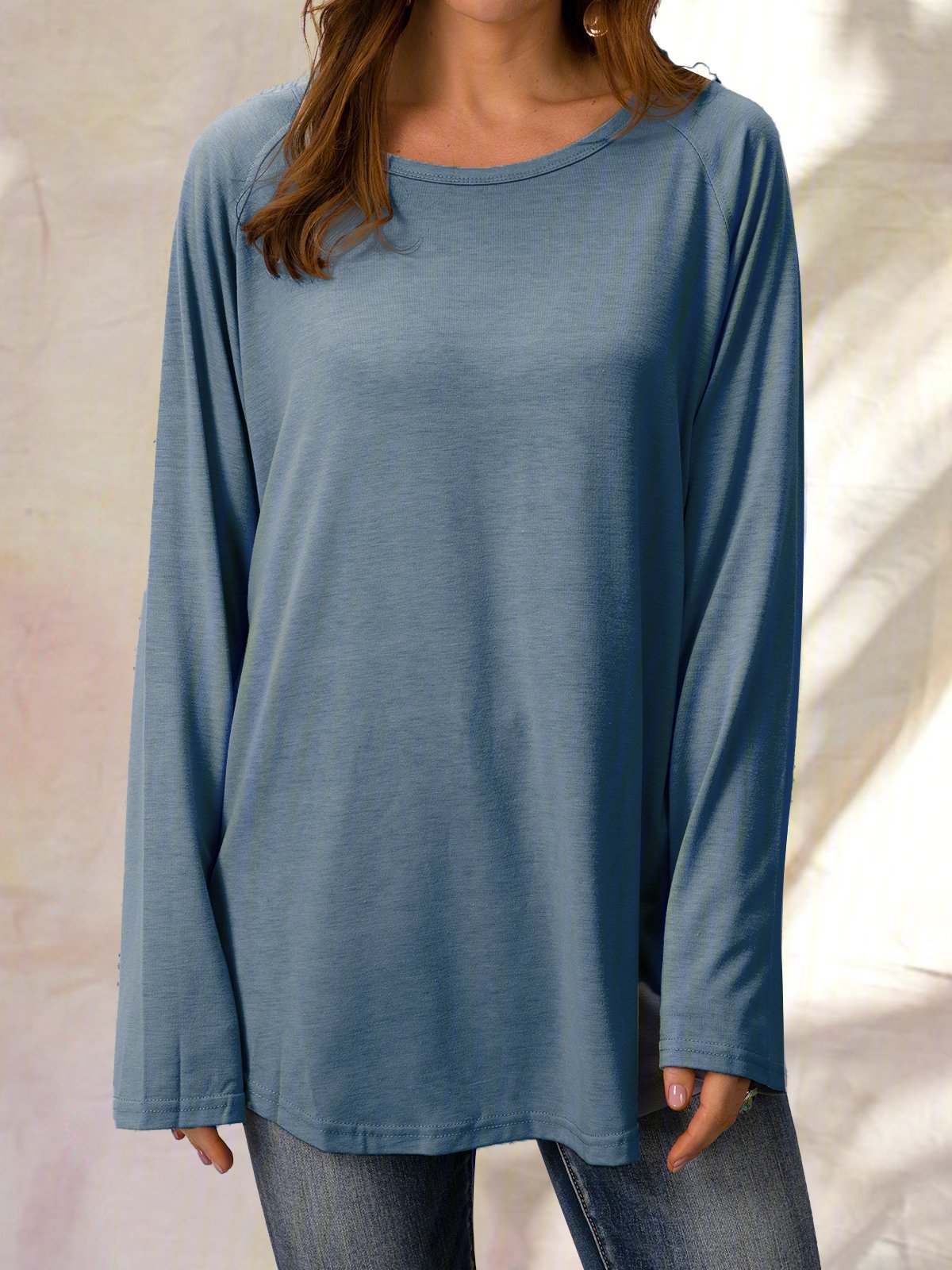 Top Gris Coton Décontracté Col Rond Unicolore manches longues ample et confortable