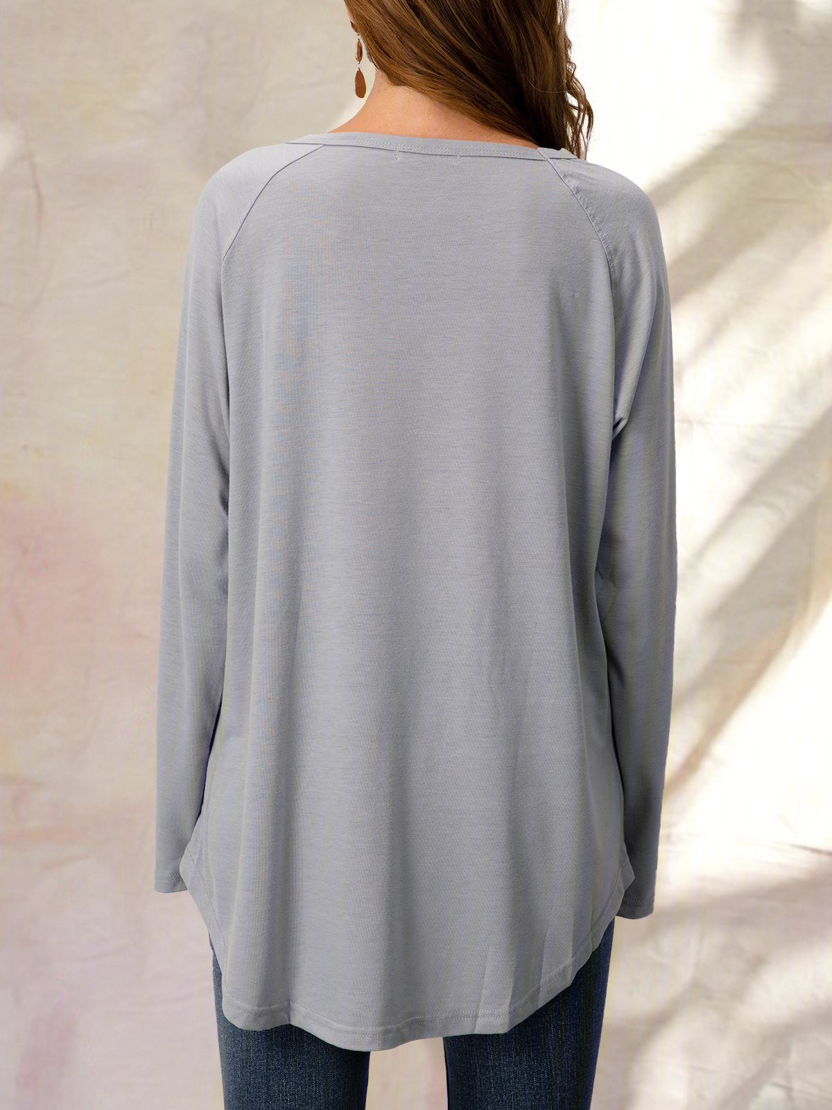 Top Gris Coton Décontracté Col Rond Unicolore manches longues ample et confortable